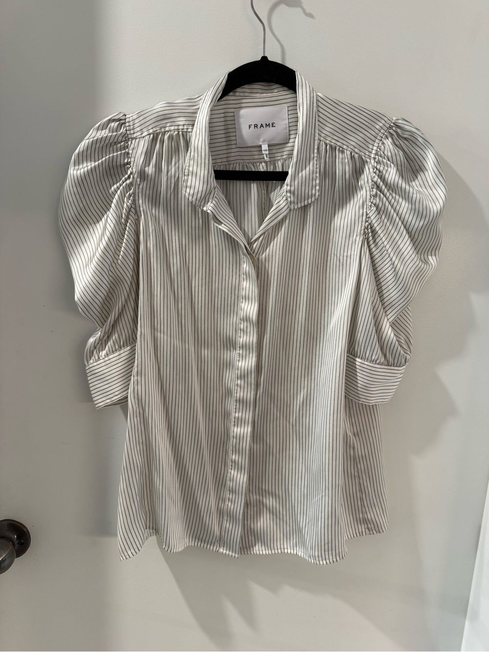 Frame White Button-Down Blouse with Black Pinstripes and Puff Sleeves